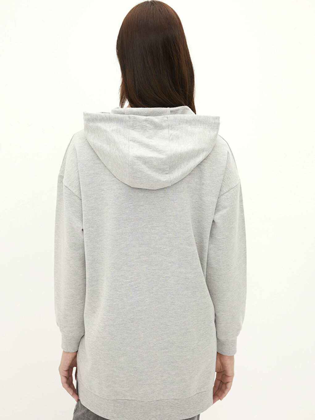 Gri Kapüşonlu Baskılı Oversize Kadın Sweatshirt Tunik-3