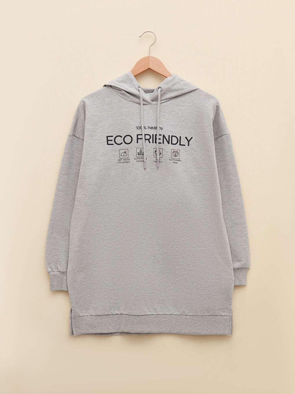 Gri Kapüşonlu Baskılı Oversize Kadın Sweatshirt Tunik-4