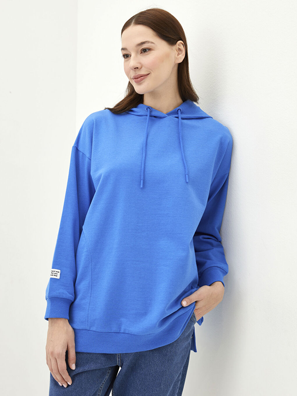 LCW Modest Açık Lacivert Kapüşonlu Baskılı Oversize Kadın Sweatshirt Tunik