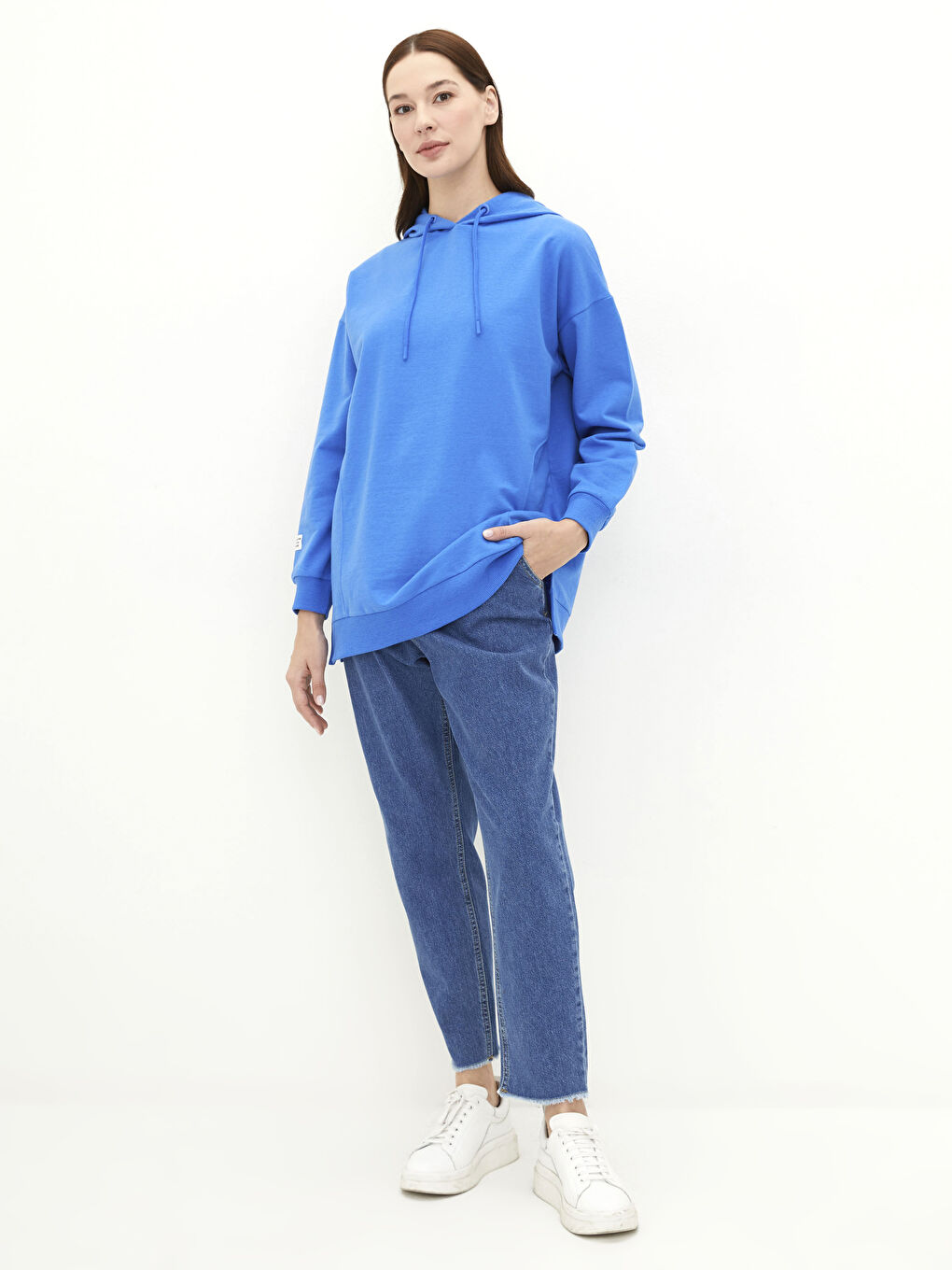 LCW Modest Açık Lacivert Kapüşonlu Baskılı Oversize Kadın Sweatshirt Tunik - 1