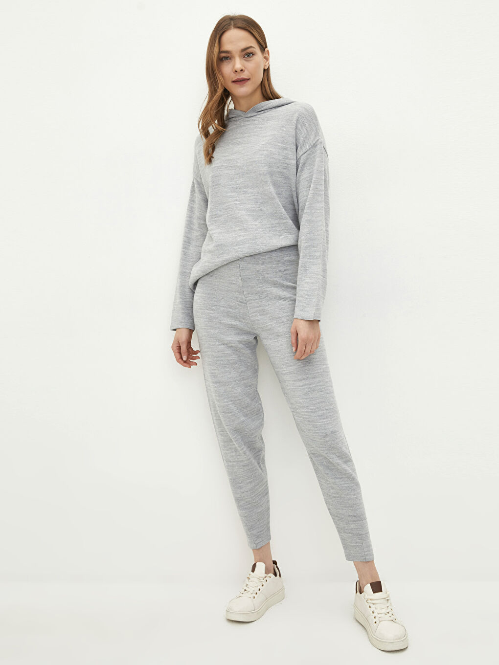 Gri Kadın Beli Lastikli Düz Triko Pantolon-1