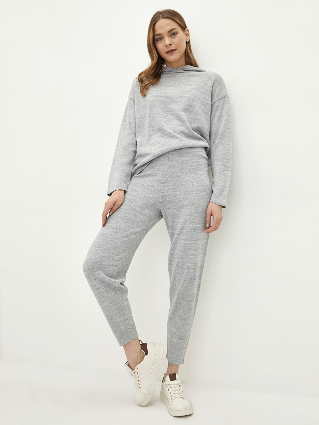 Gri Kadın Beli Lastikli Düz Triko Pantolon-2