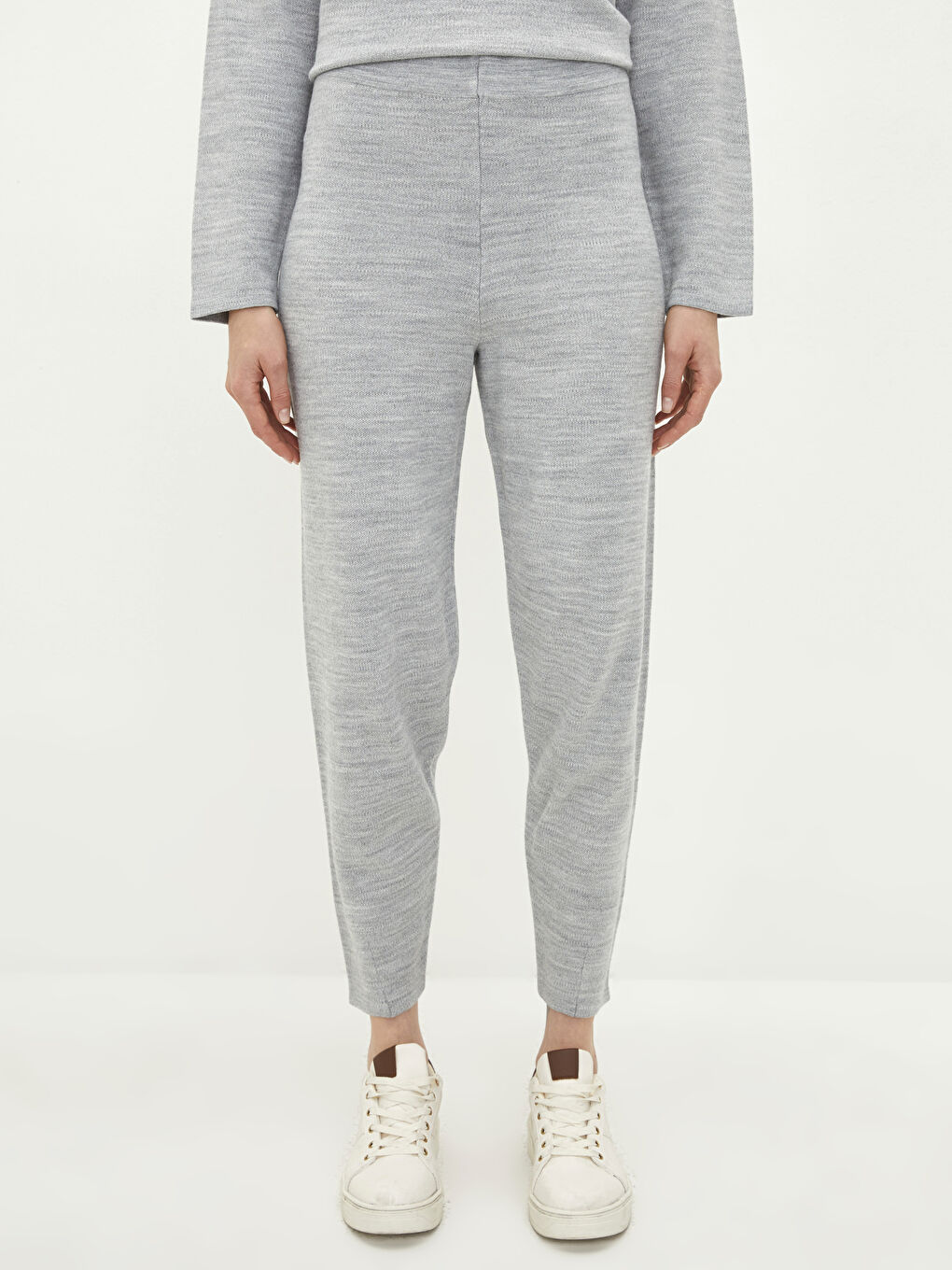 Gri Kadın Beli Lastikli Düz Triko Pantolon-3