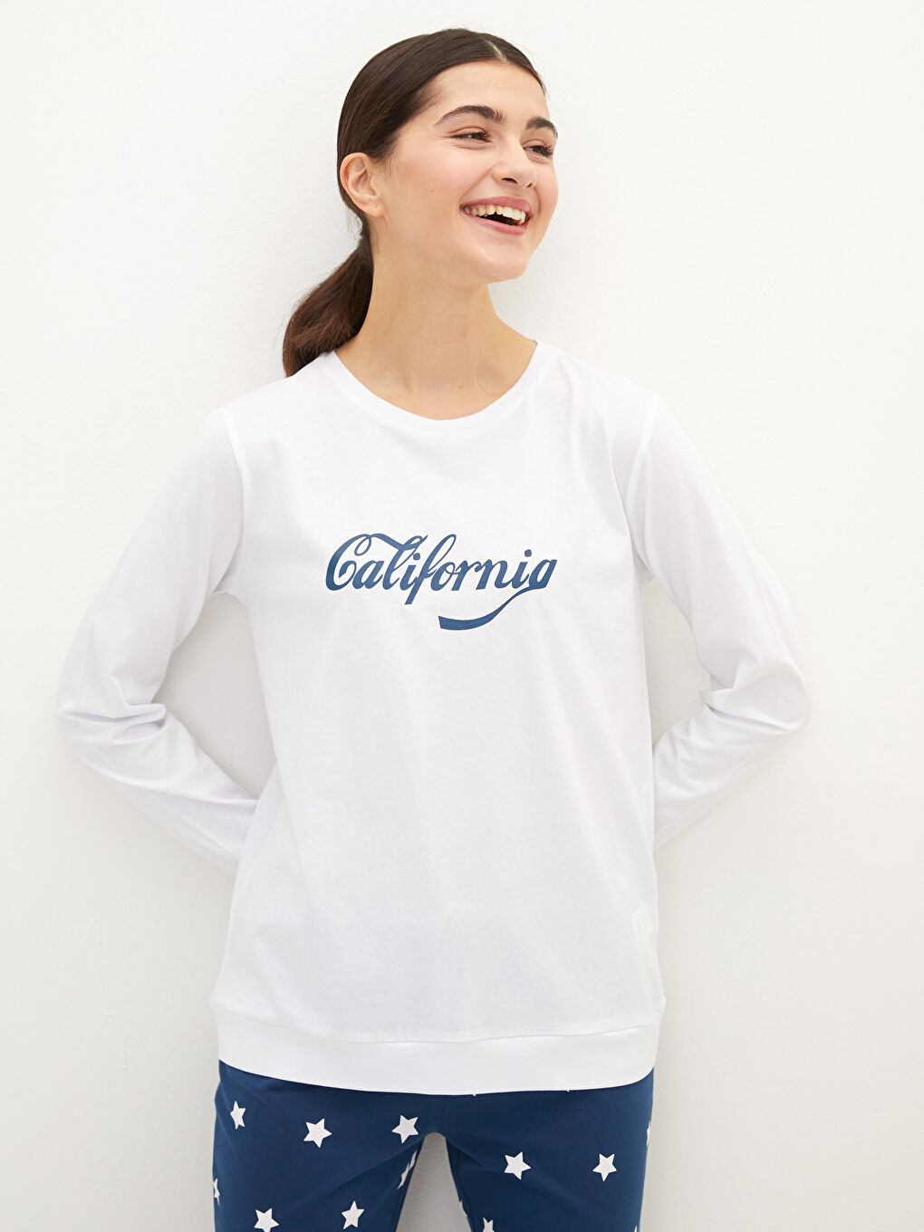 Crew Neck Printed Long Sleeve Cotton Women's Pajama Set