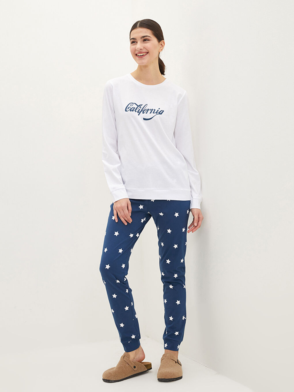 Crew Neck Printed Long Sleeve Cotton Women's Pajama Set-2