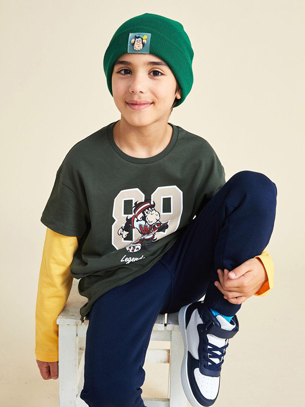 Crew Neck Nostalgic Monkey Printed Long Sleeve Boys' T-Shirt