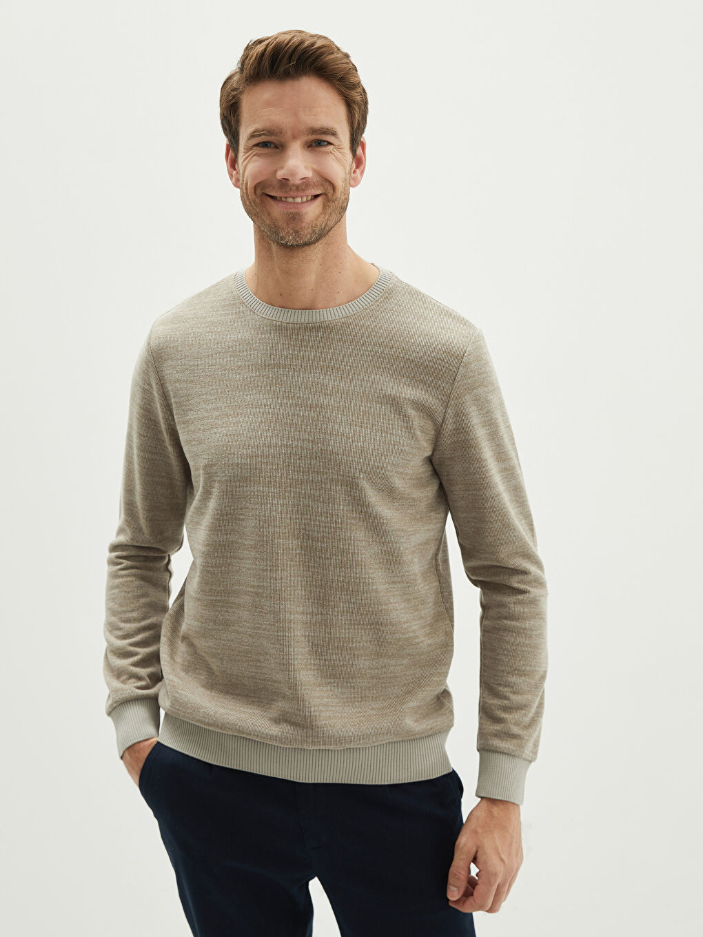 Bej Bisiklet Yaka Uzun Kollu Erkek Sweatshirt