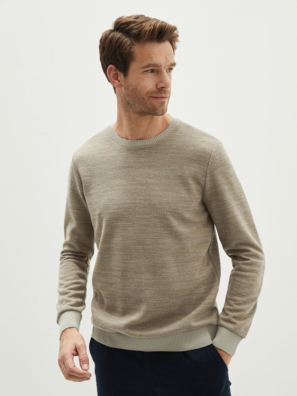 Bej Bisiklet Yaka Uzun Kollu Erkek Sweatshirt-1