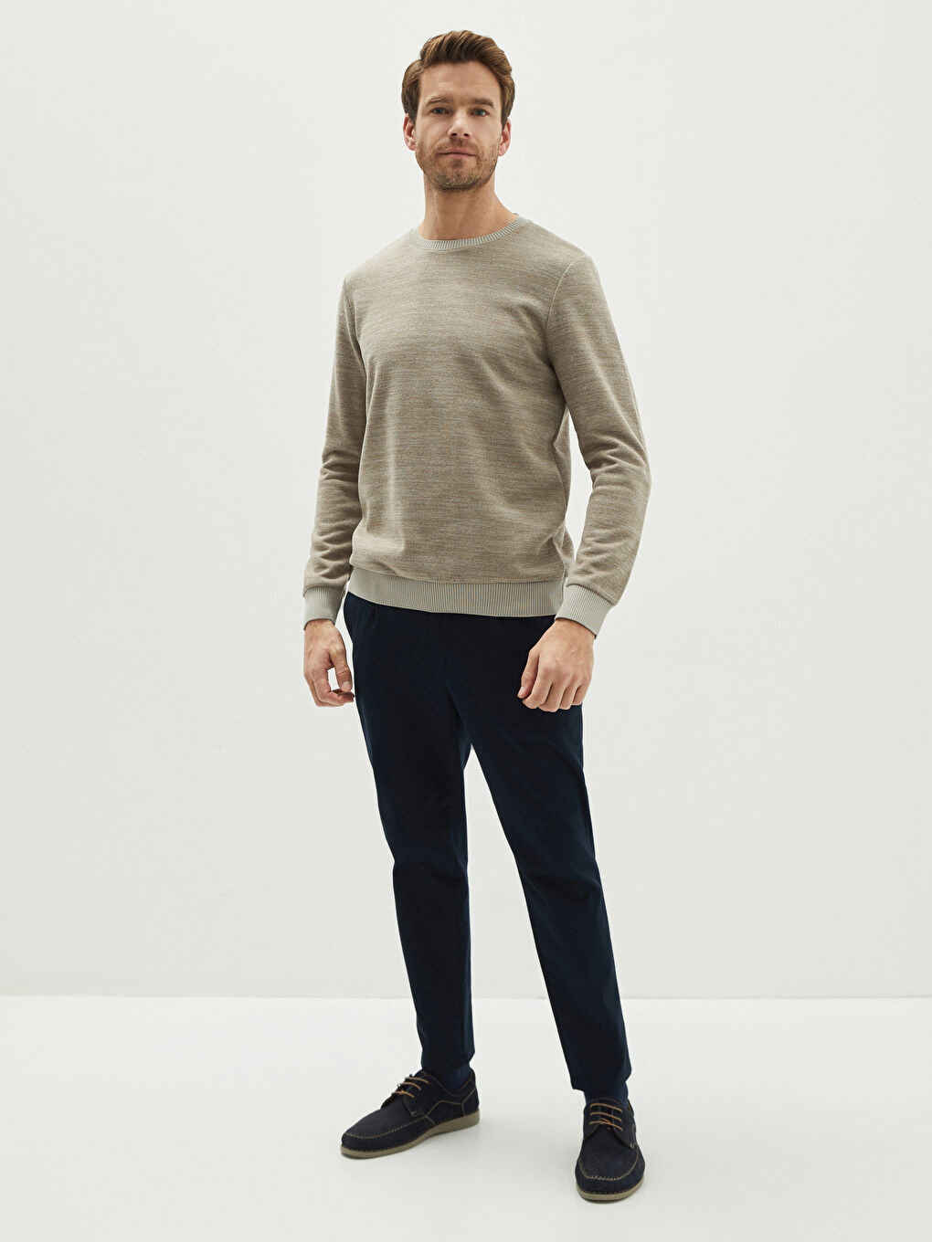 Bej Bisiklet Yaka Uzun Kollu Erkek Sweatshirt-2