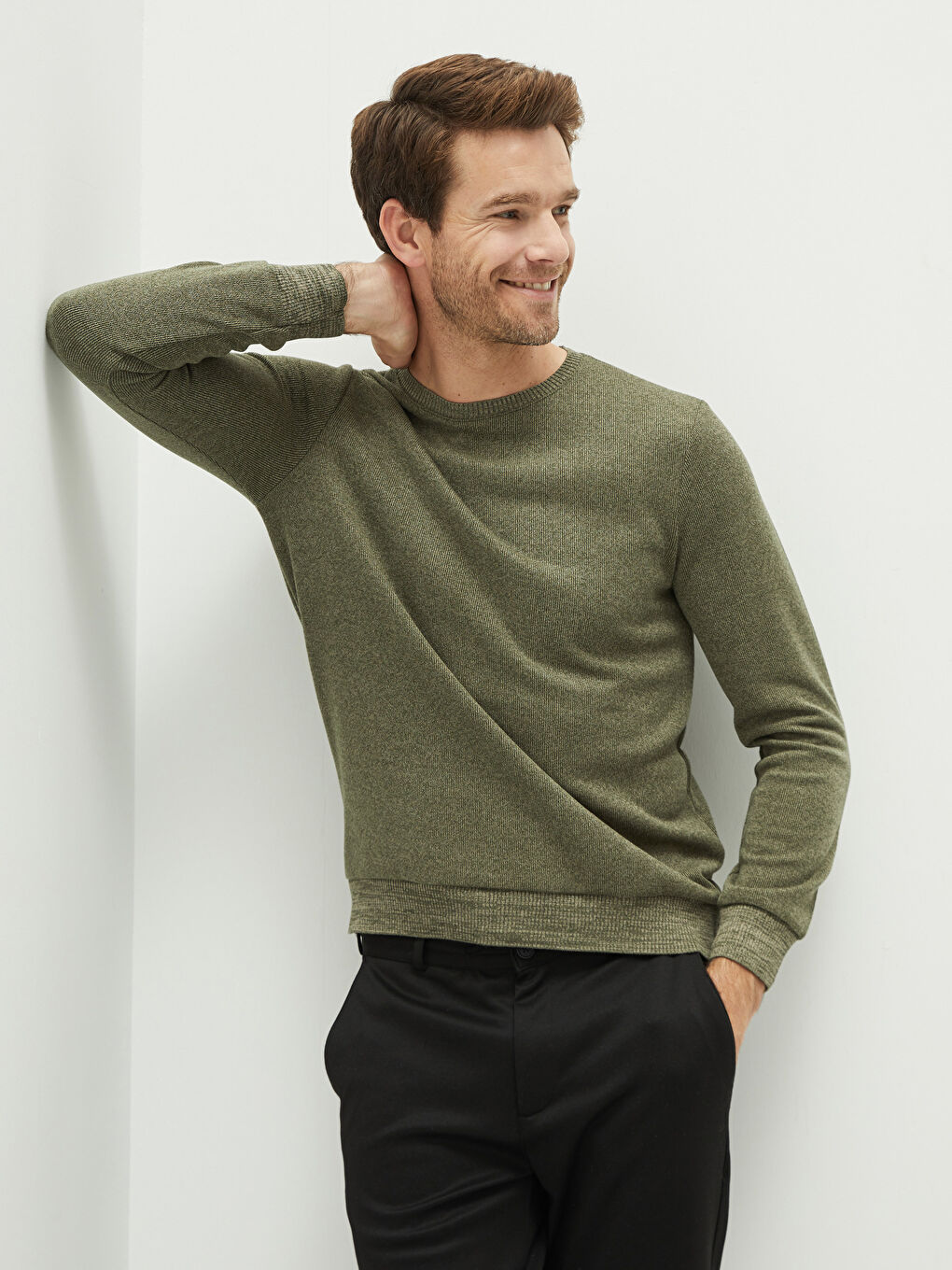 Haki Bisiklet Yaka Uzun Kollu Erkek Sweatshirt