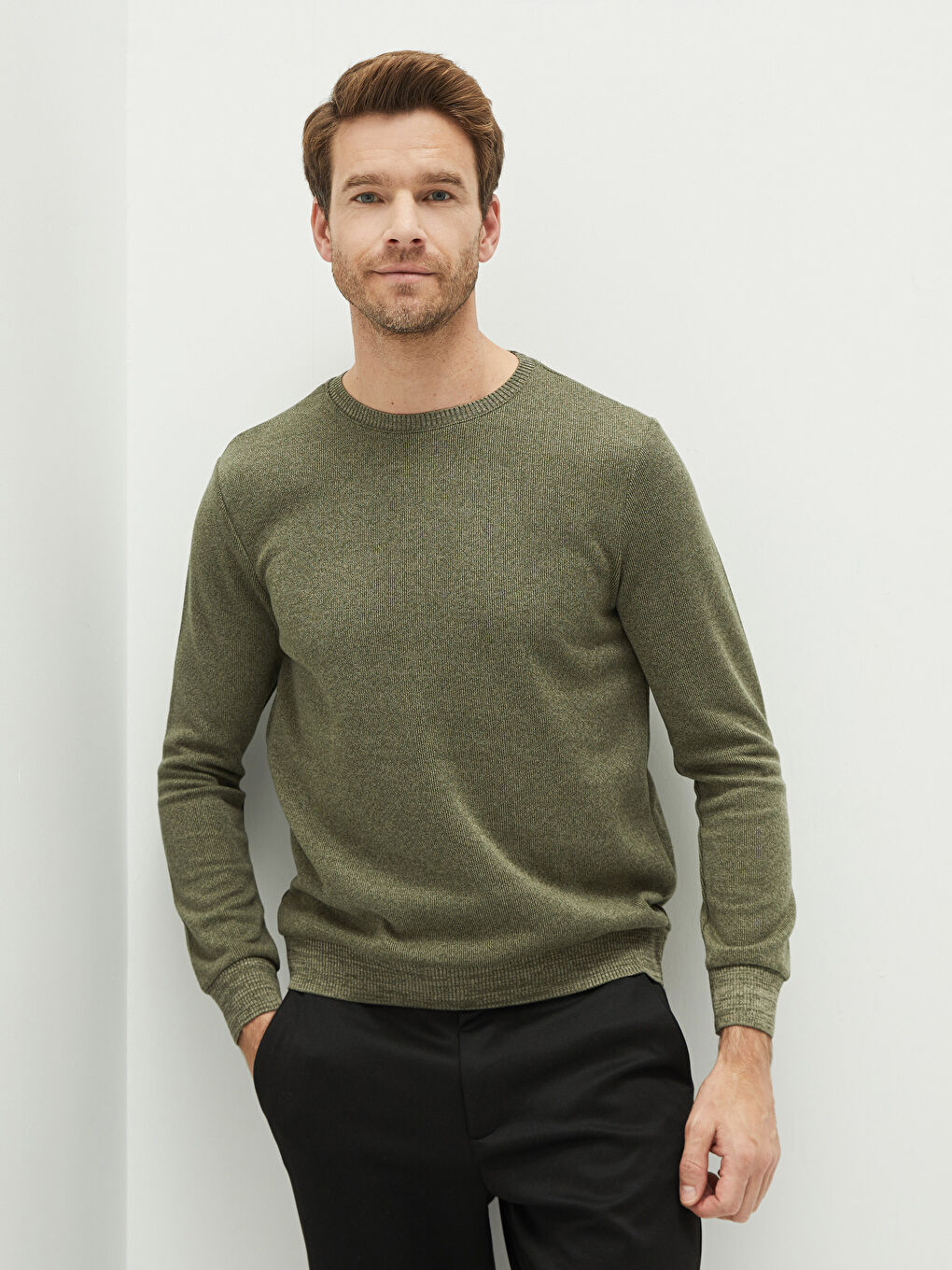 Haki Bisiklet Yaka Uzun Kollu Erkek Sweatshirt-1