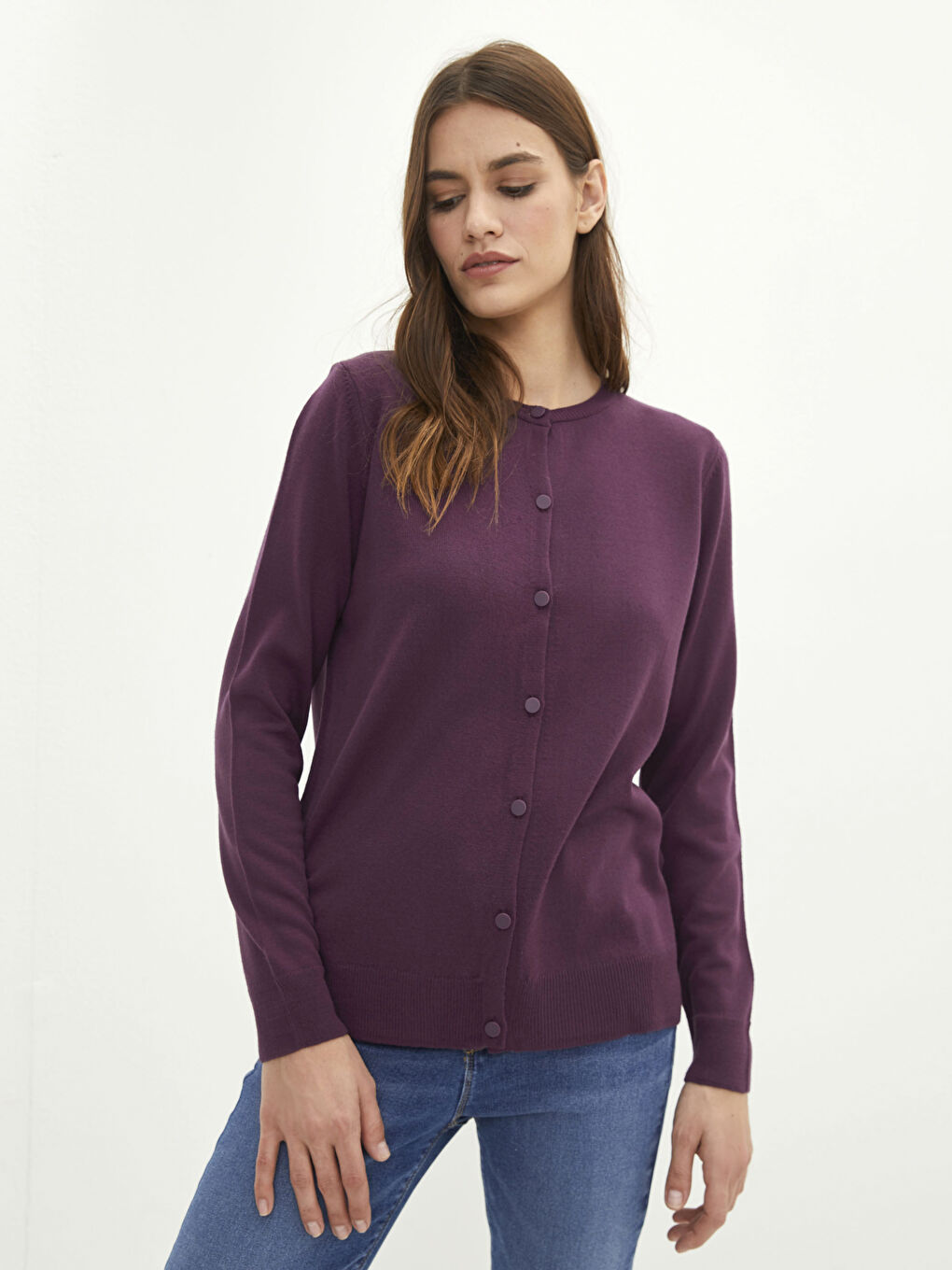 Mürdüm Bisiklet Yaka Düz Uzun Kollu Kadın Triko Hırka