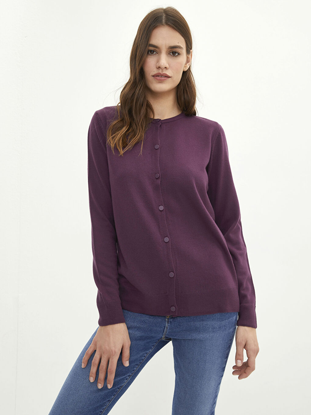 Mürdüm Bisiklet Yaka Düz Uzun Kollu Kadın Triko Hırka-1