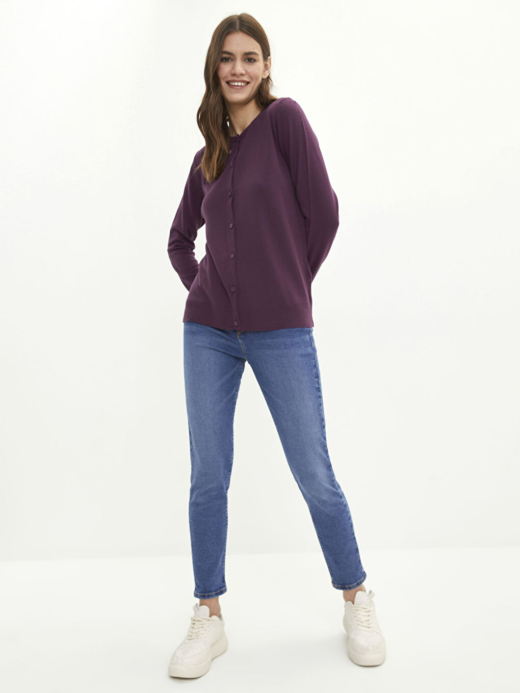 Mürdüm Bisiklet Yaka Düz Uzun Kollu Kadın Triko Hırka-2