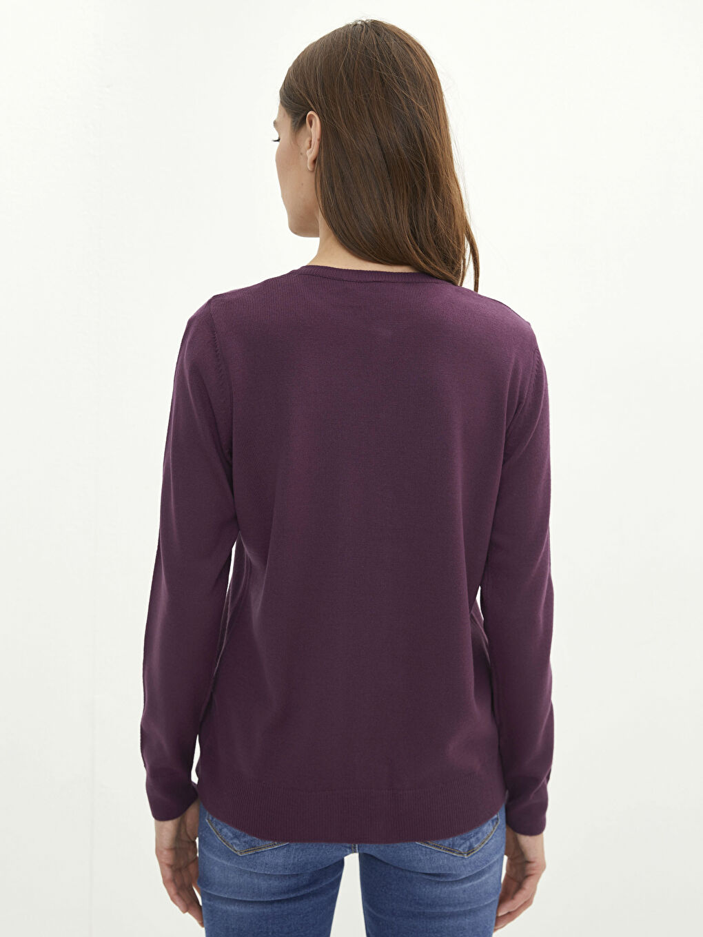 Mürdüm Bisiklet Yaka Düz Uzun Kollu Kadın Triko Hırka-4