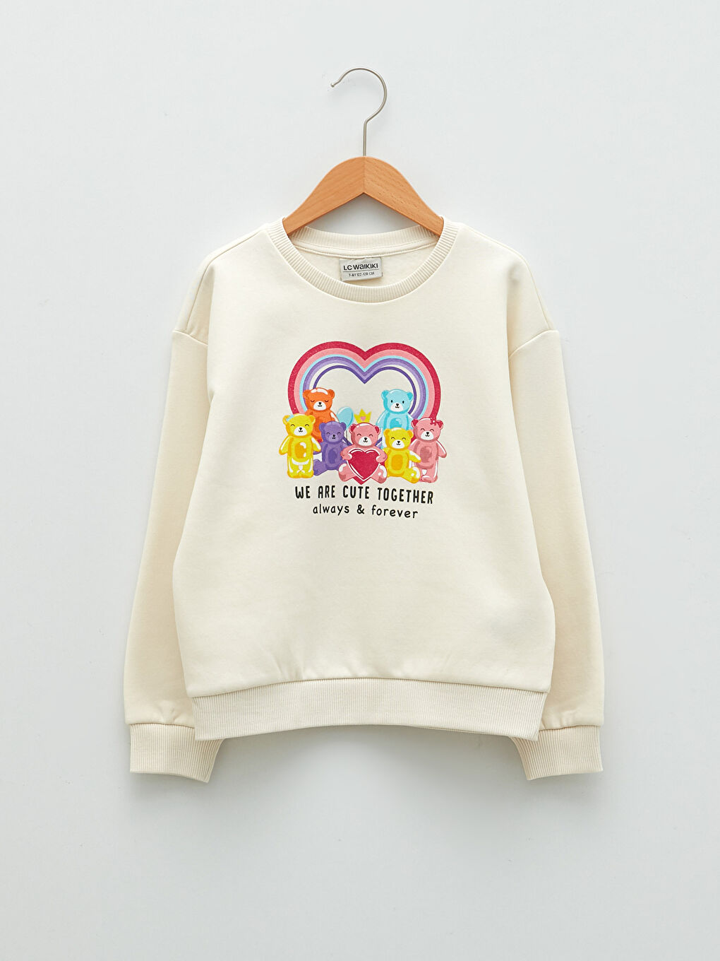 Ekru Bisiklet Yaka Baskılı Uzun Kollu Kız Çocuk Sweatshirt