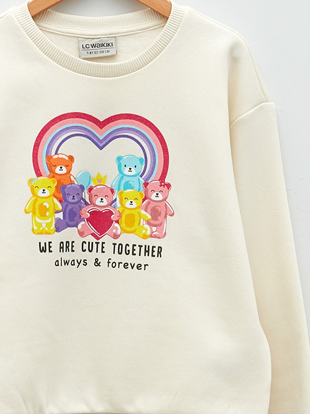 Ekru Bisiklet Yaka Baskılı Uzun Kollu Kız Çocuk Sweatshirt-2