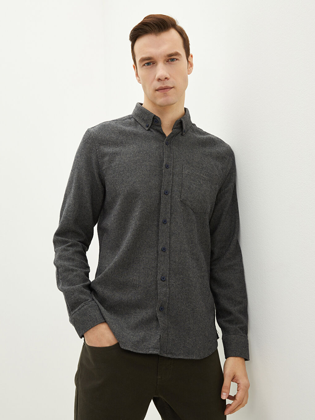 Bej Regular Fit Uzun Kollu Armürlü Erkek Gömlek