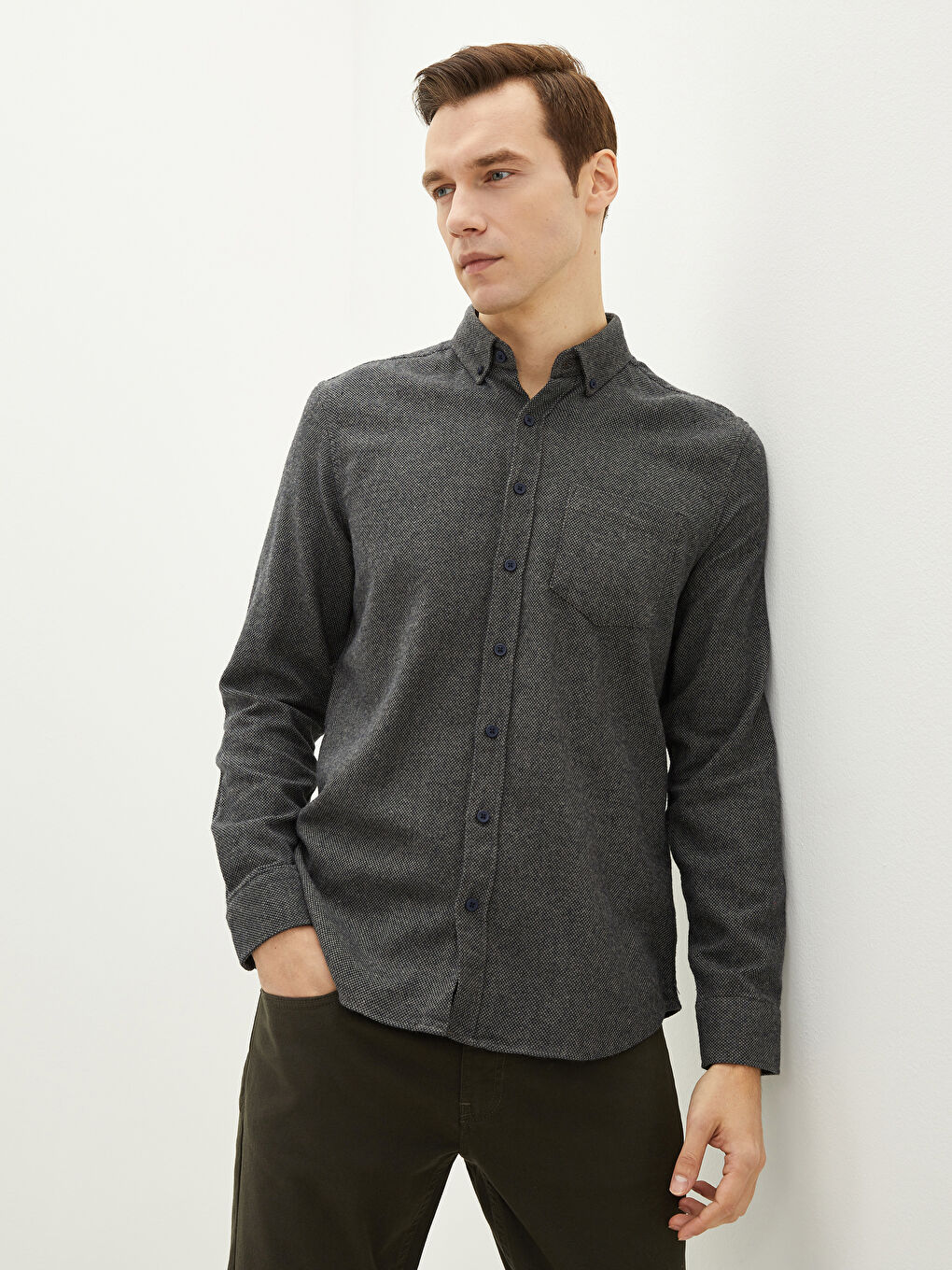 Bej Regular Fit Uzun Kollu Armürlü Erkek Gömlek-1