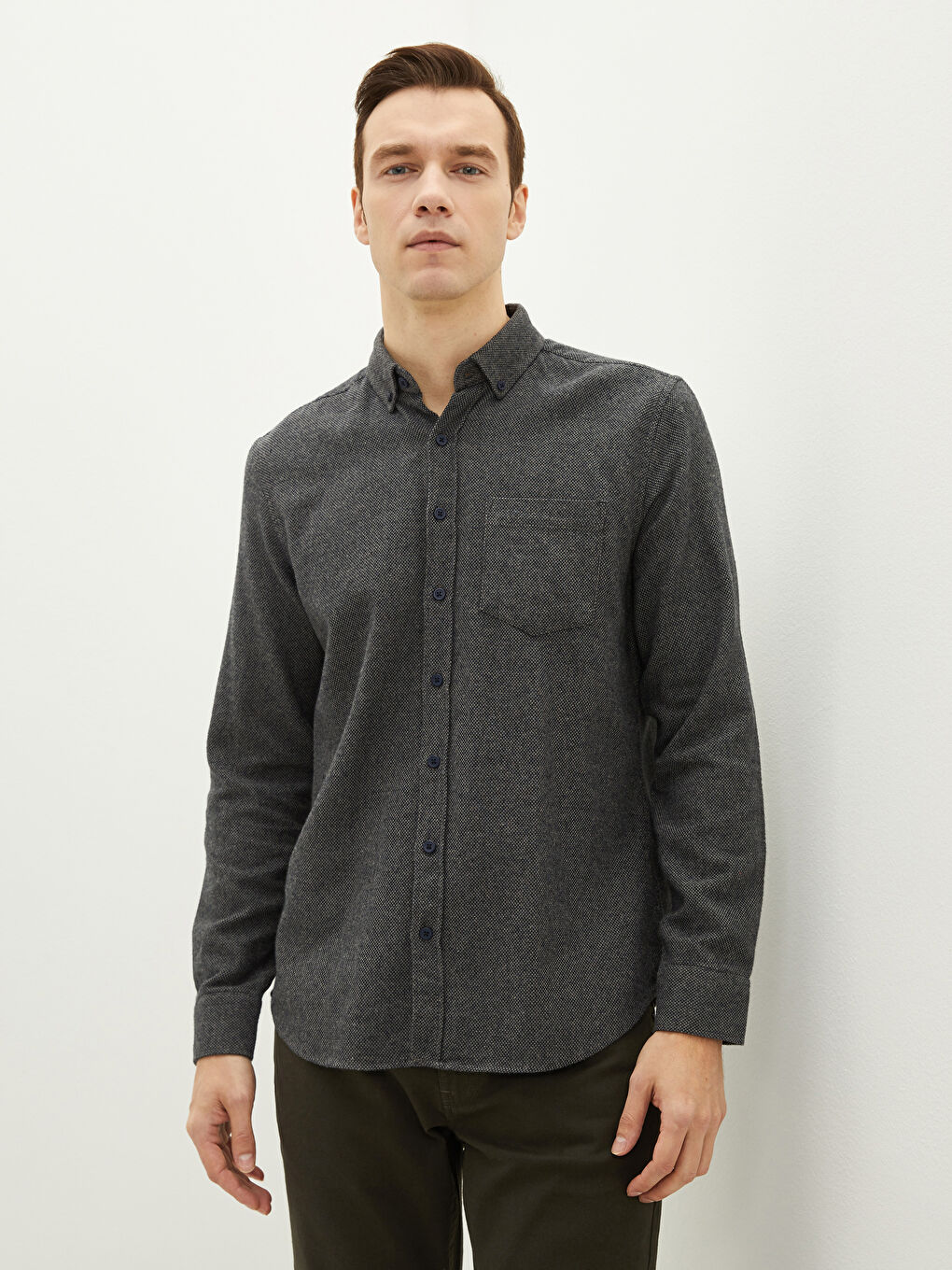 Bej Regular Fit Uzun Kollu Armürlü Erkek Gömlek-2