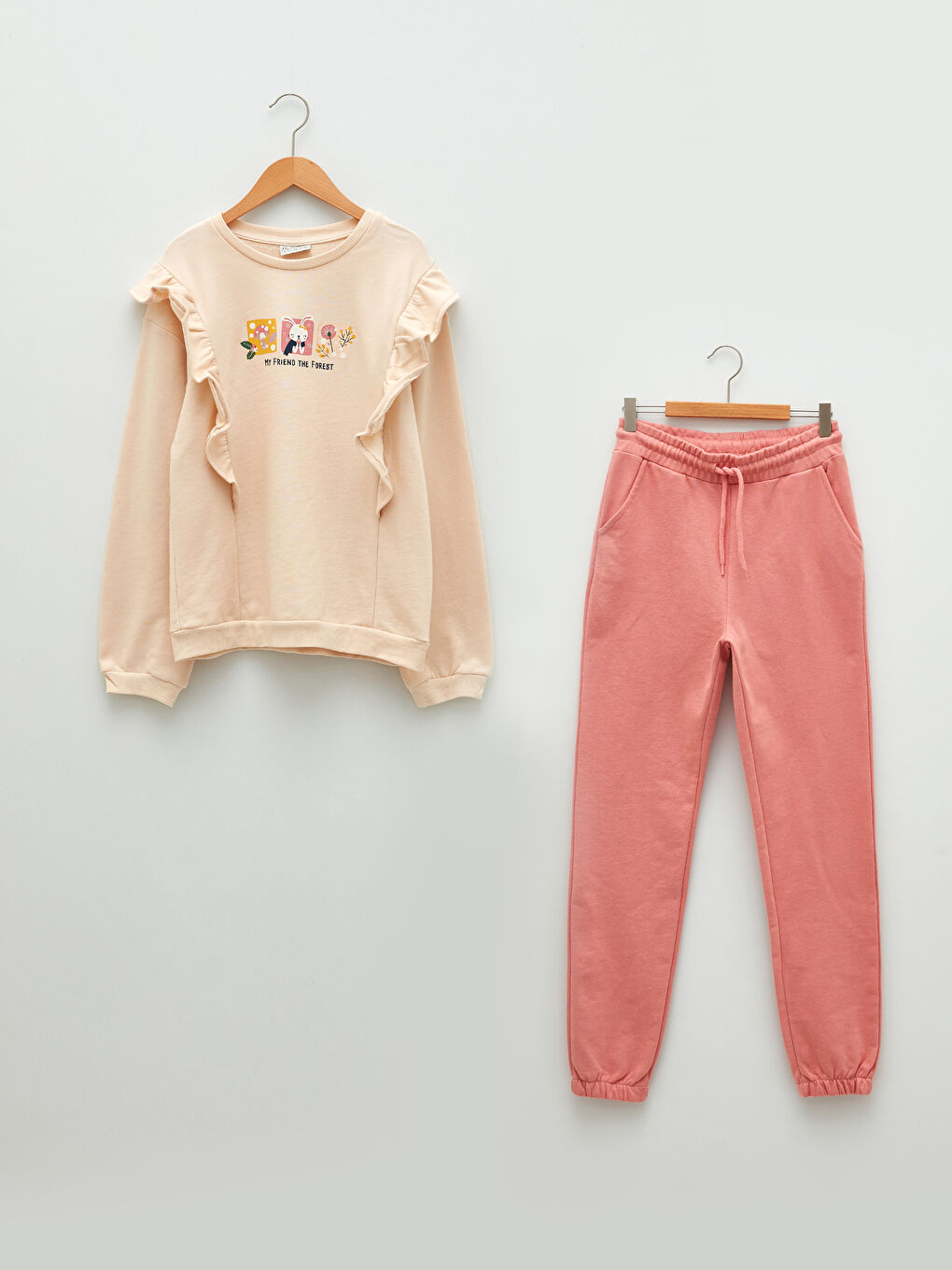 Bej Bisiklet Yaka Baskılı Uzun Kollu Oversize Kız Çocuk Sweatshirt ve Tayt