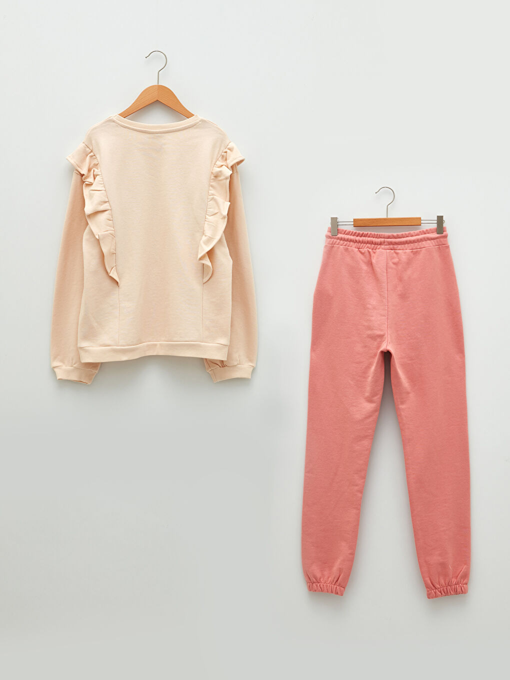 Bej Bisiklet Yaka Baskılı Uzun Kollu Oversize Kız Çocuk Sweatshirt ve Tayt-1