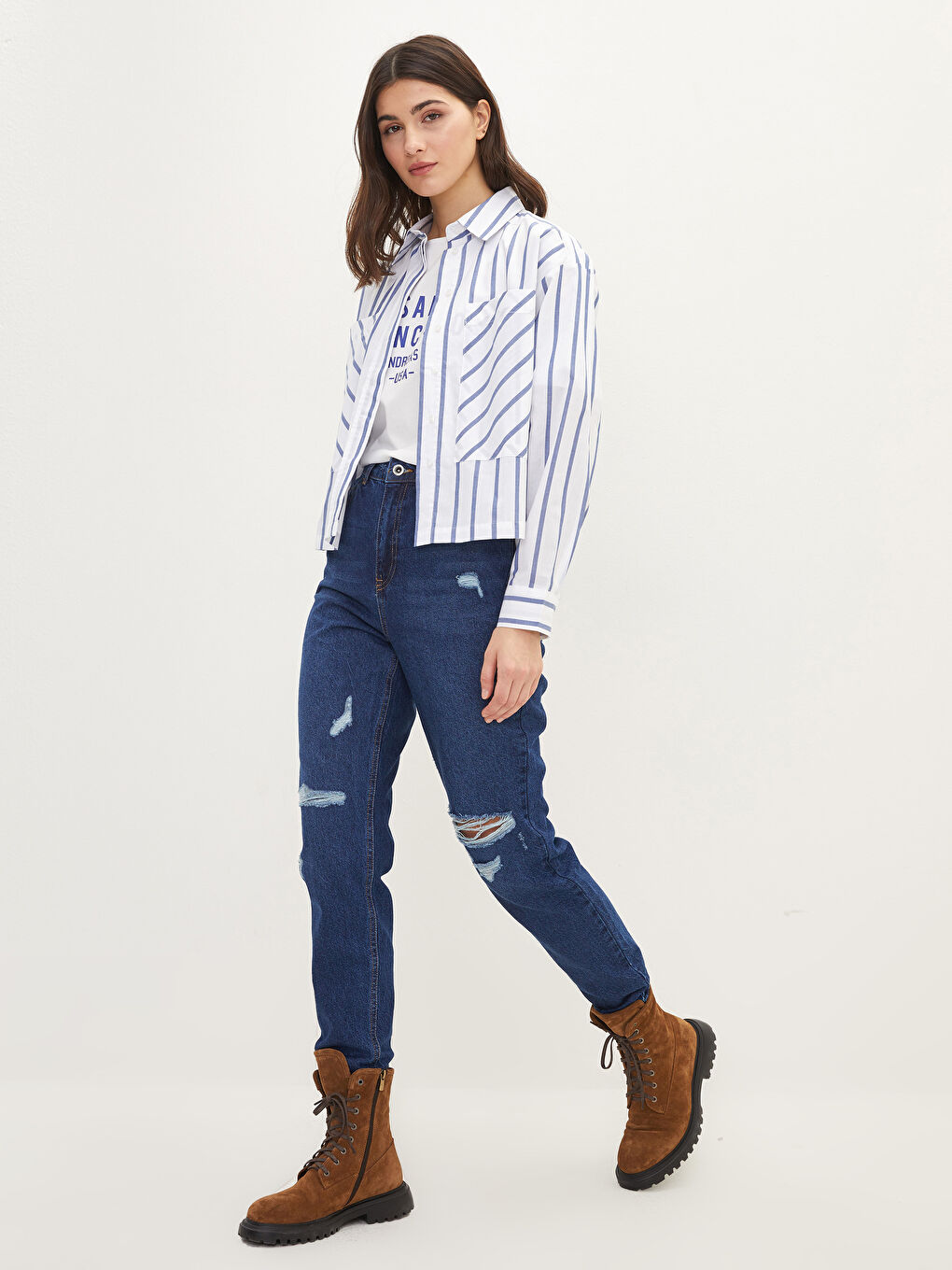 LCW Jeans Orta İndigo Rodeo Yüksek Bel Mom Fit Cep Detaylı Rodeo Kadın Jean Pantolon - 1