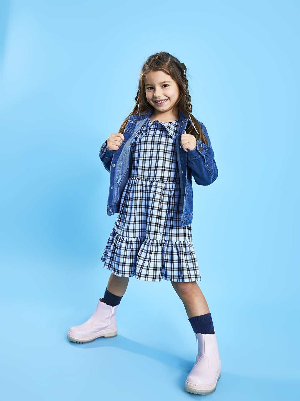 Rochie Fetiță cu Guler Bebe și Carouri, Mânecă Lungă