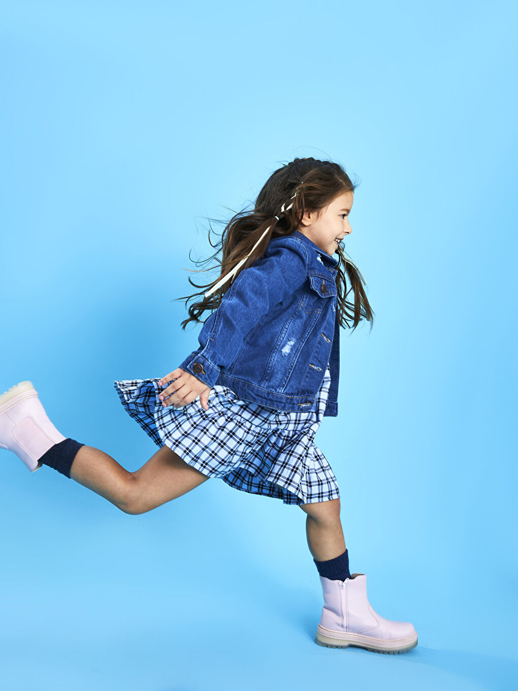 Rochie Fetiță cu Guler Bebe și Carouri, Mânecă Lungă-2