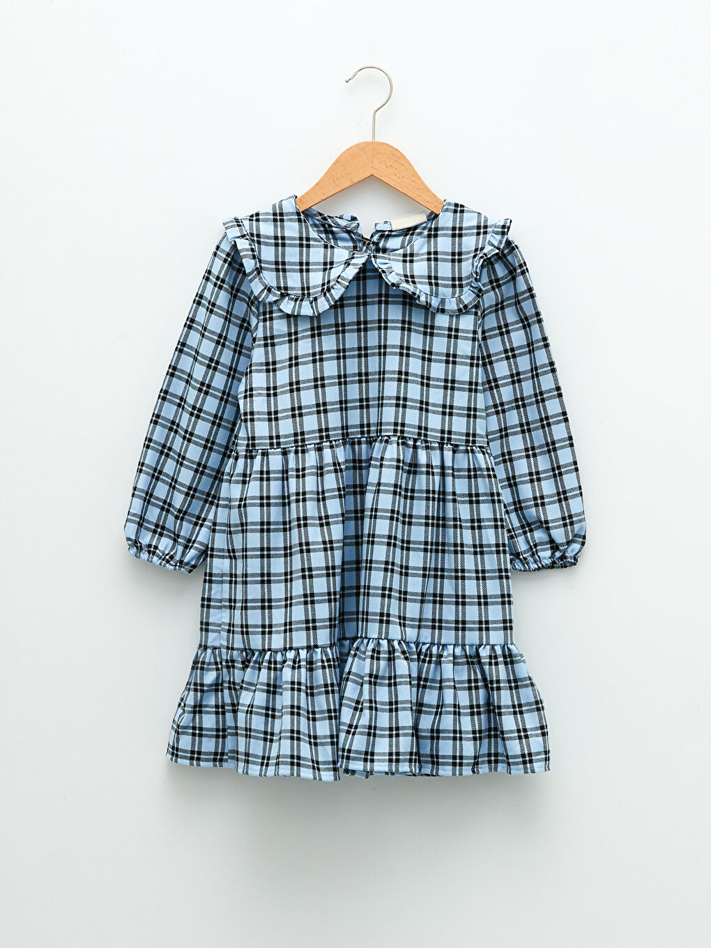 Rochie Fetiță cu Guler Bebe și Carouri, Mânecă Lungă-3