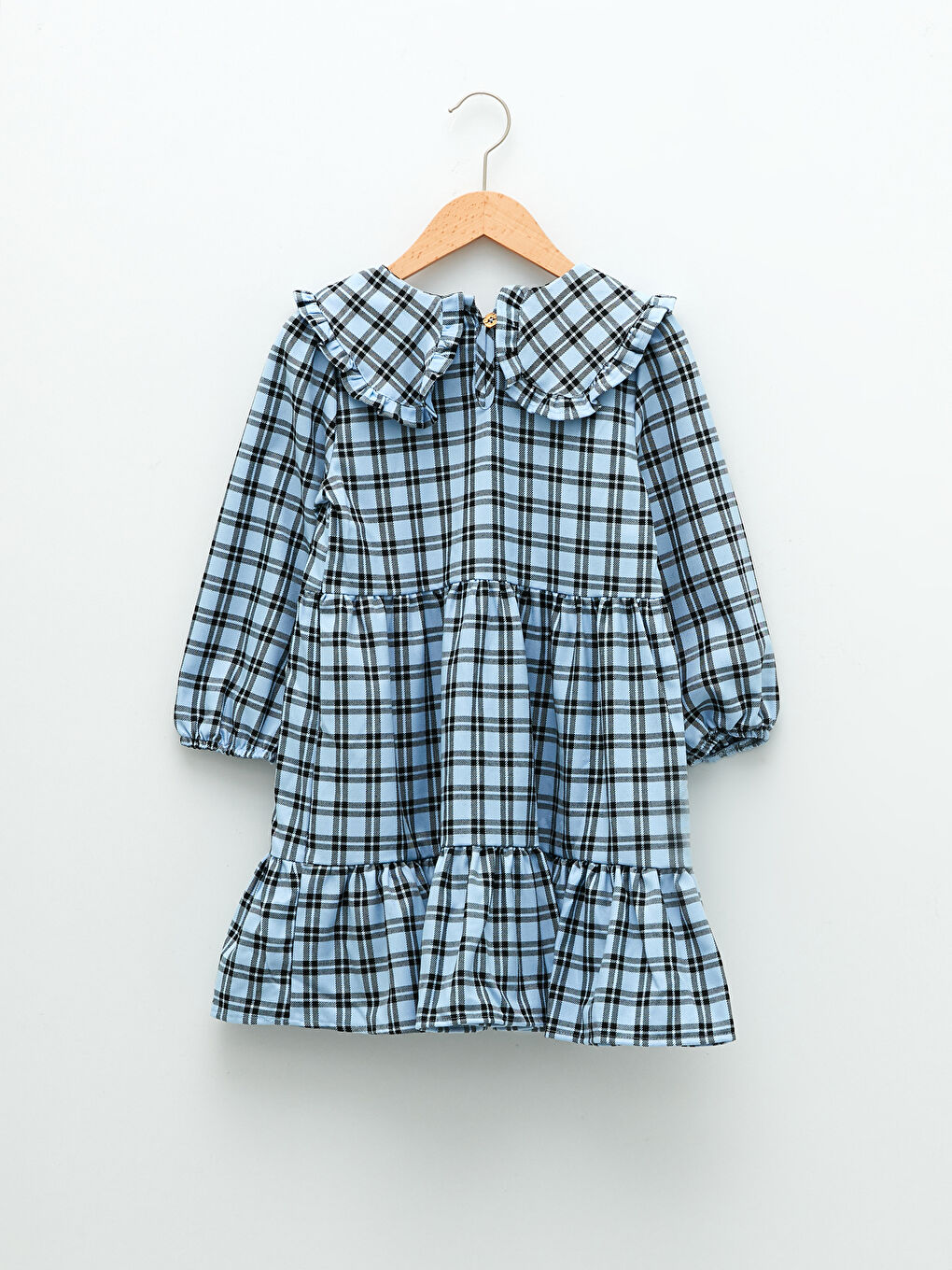 Rochie Fetiță cu Guler Bebe și Carouri, Mânecă Lungă-4