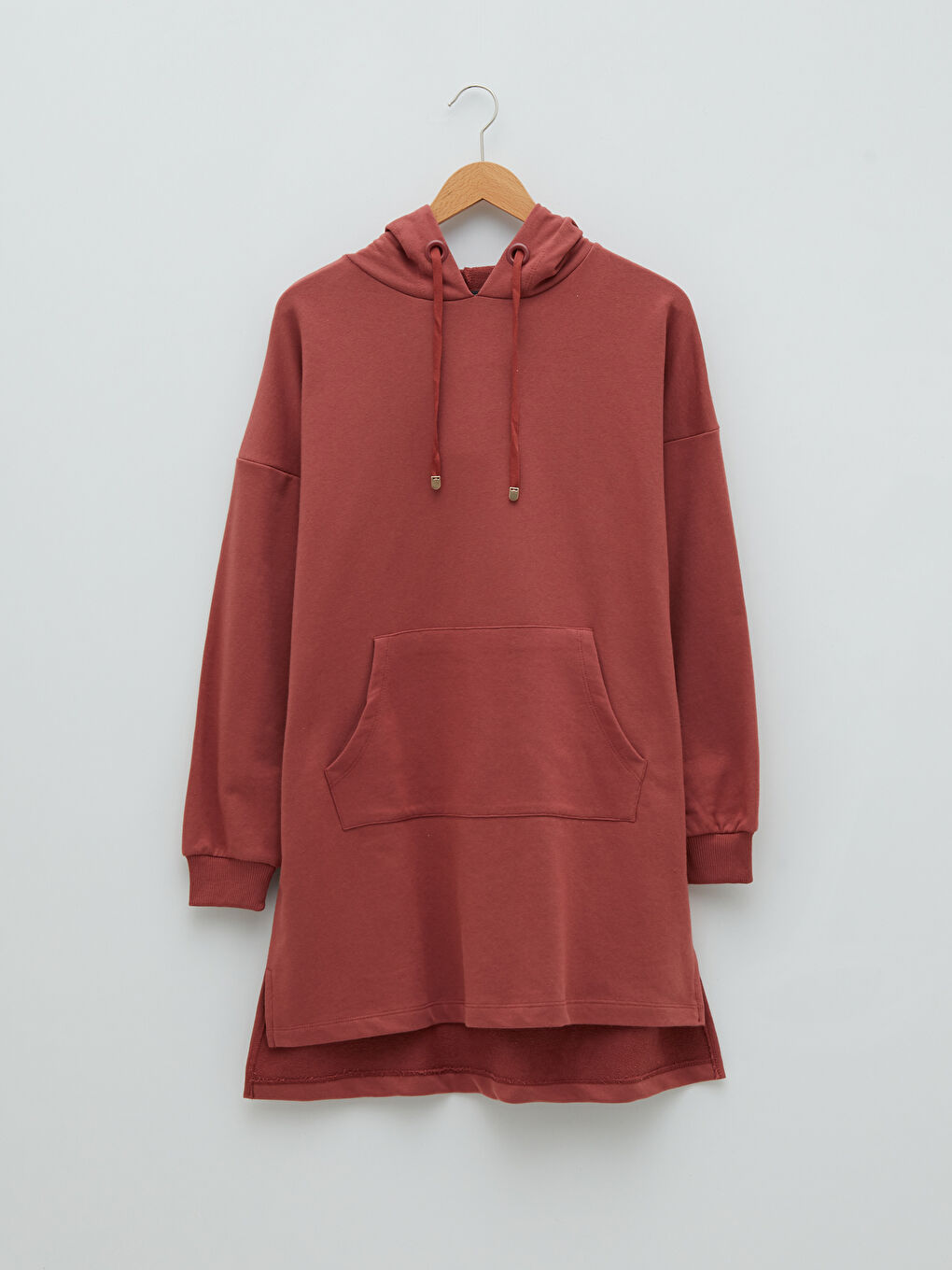 Pembe Kapüşonlu Düz Uzun Kollu Oversize Kadın Sweatshirt Tunik-5