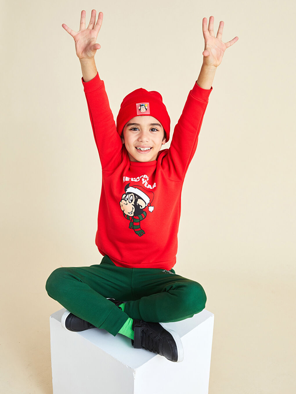 Crew Neck Nostalgic Monkey Printed New Year Themed Long Sleeve Boy Sweatshirt-2