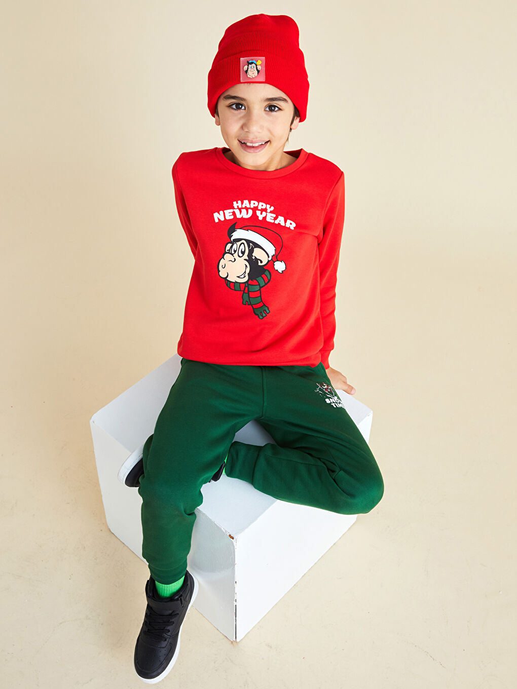 Crew Neck Nostalgic Monkey Printed New Year Themed Long Sleeve Boy Sweatshirt-3