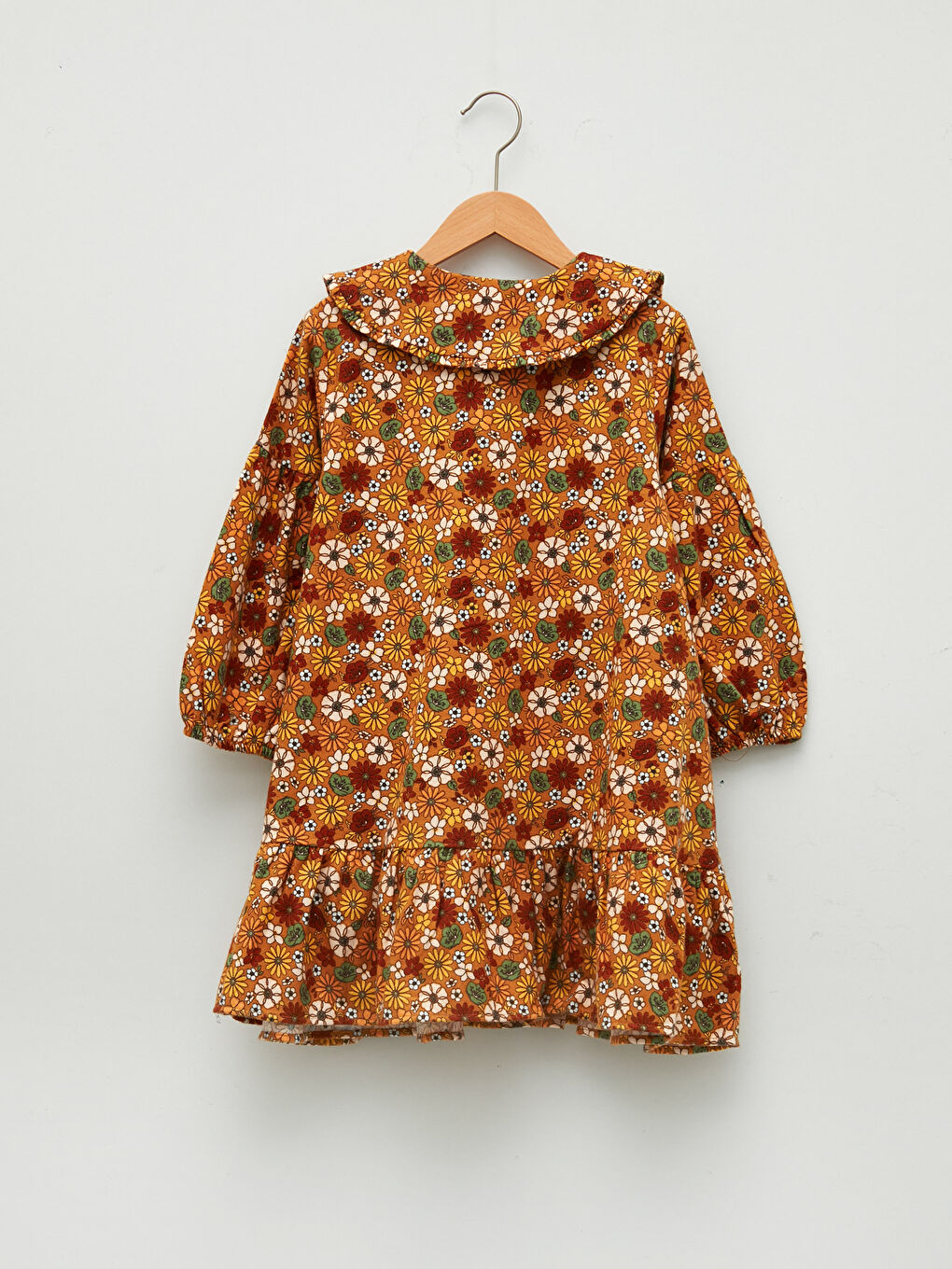 Bej Bebe Yaka Desenli Uzun Kollu Gabardin Kız Çocuk Elbise-1