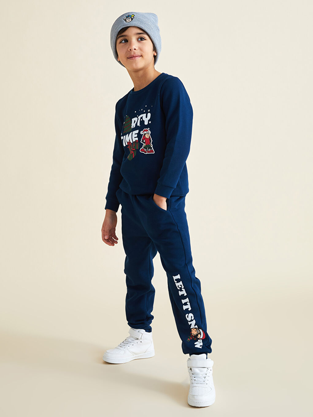 Lacivert Beli Lastikli Nostaljik Maymun Baskılı Erkek Çocuk Jogger Eşofman Altı