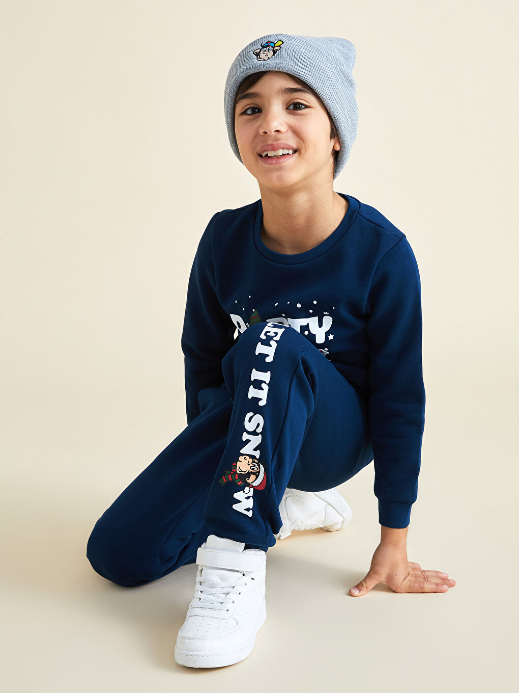 Lacivert Beli Lastikli Nostaljik Maymun Baskılı Erkek Çocuk Jogger Eşofman Altı-1