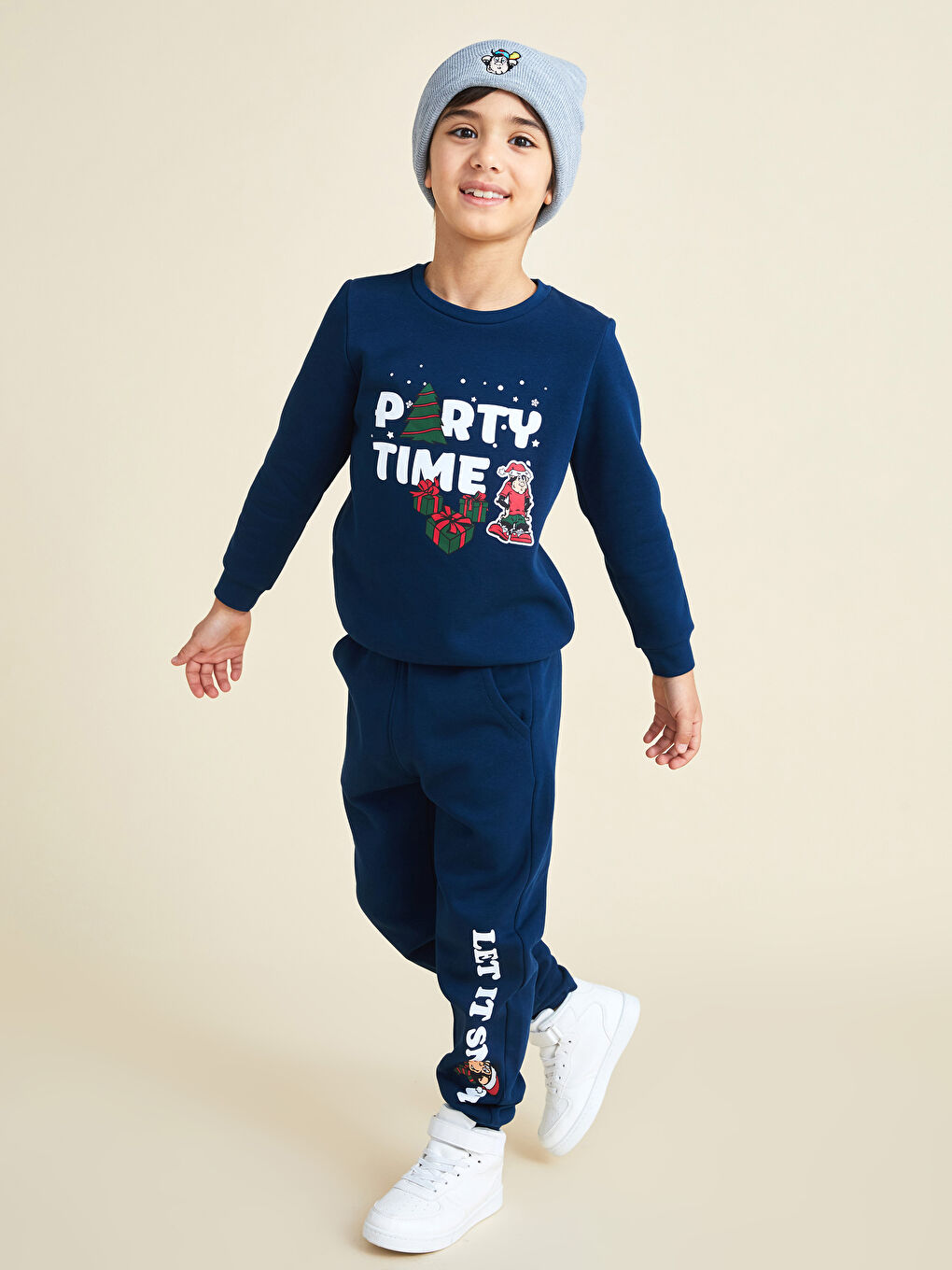 Lacivert Beli Lastikli Nostaljik Maymun Baskılı Erkek Çocuk Jogger Eşofman Altı-2