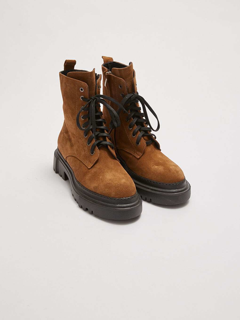 Kahverengi Gerçek Deri Bağcık ve Fermuarlı Kalın Taban Kadın Bot-2