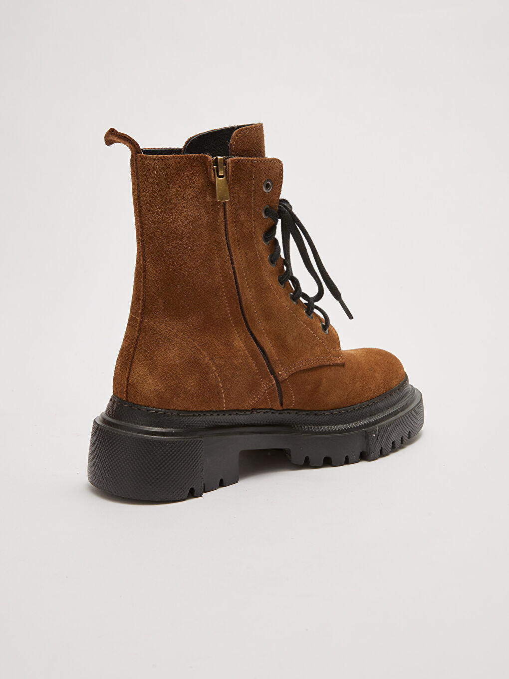 Kahverengi Gerçek Deri Bağcık ve Fermuarlı Kalın Taban Kadın Bot-6