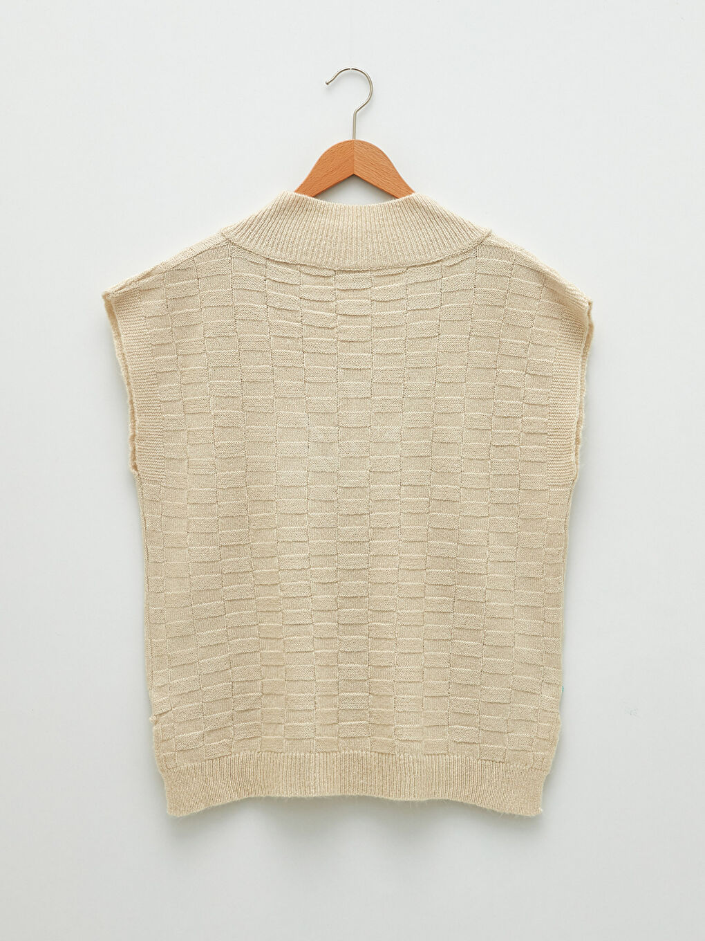 Ekru V Yaka Kendinden Desenli Kadın Triko Süveter-7