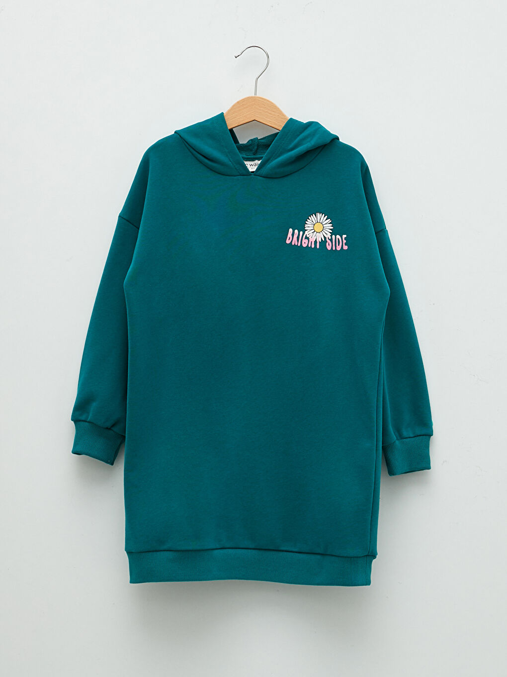 Turkuaz Kapüşonlu Baskılı Uzun Kollu Kız Çocuk Elbise
