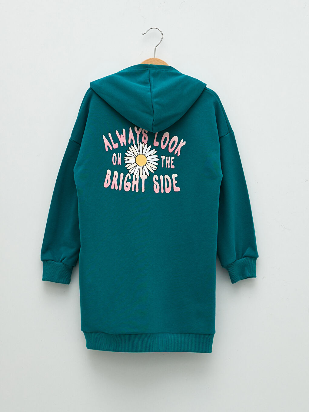 Turkuaz Kapüşonlu Baskılı Uzun Kollu Kız Çocuk Elbise-1