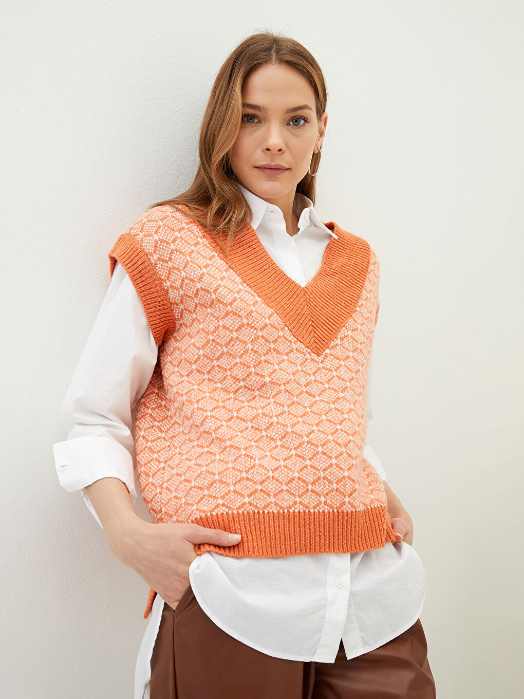 V Neck Patterned Women's Tricot Sweater