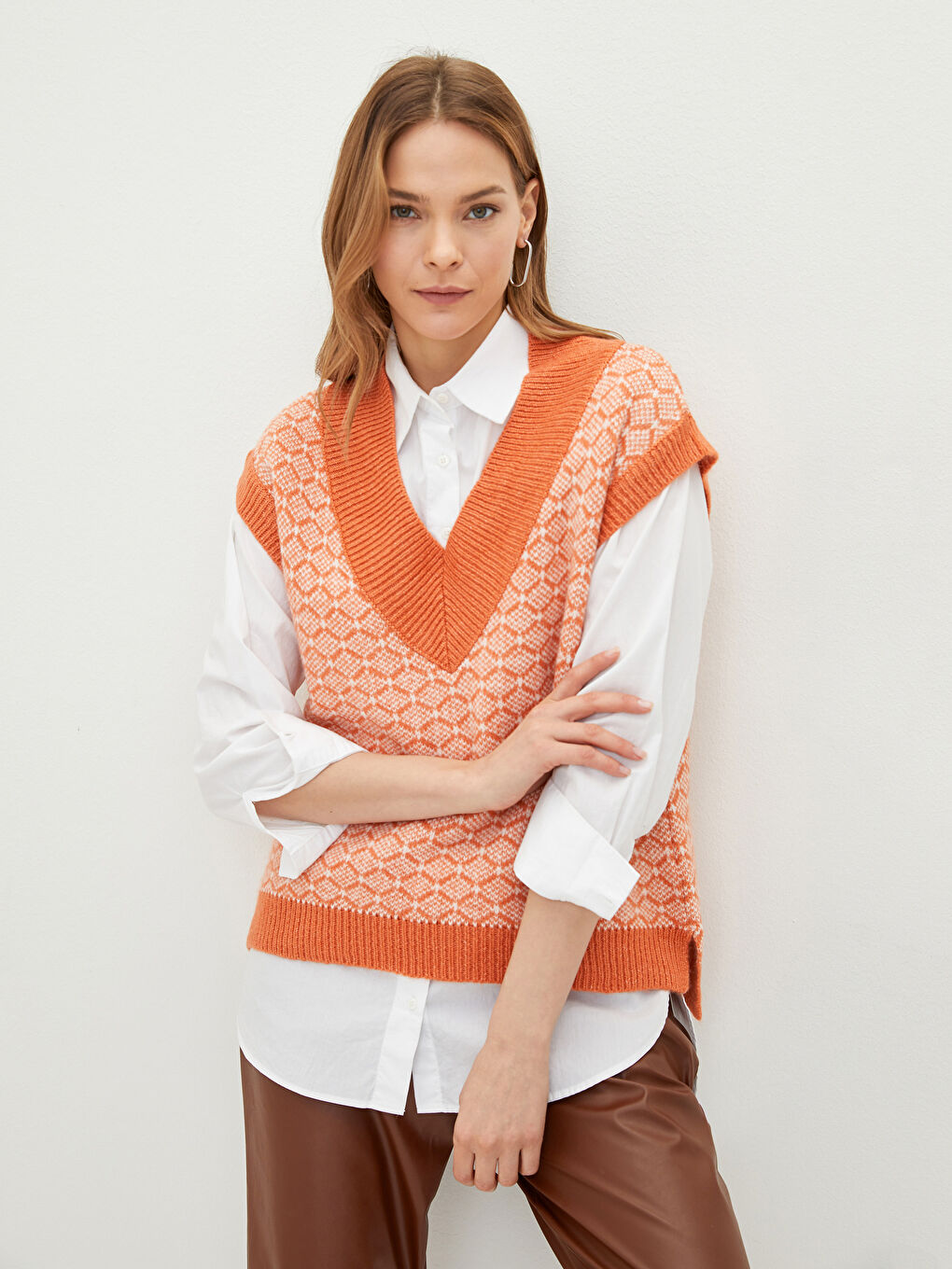 V Neck Patterned Women's Tricot Sweater-2