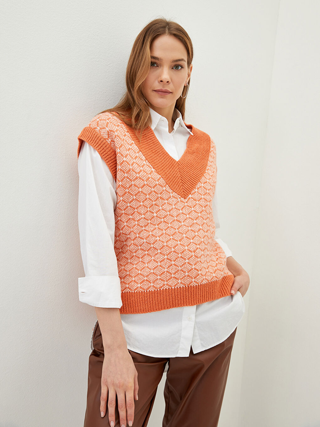 V Neck Patterned Women's Tricot Sweater-3