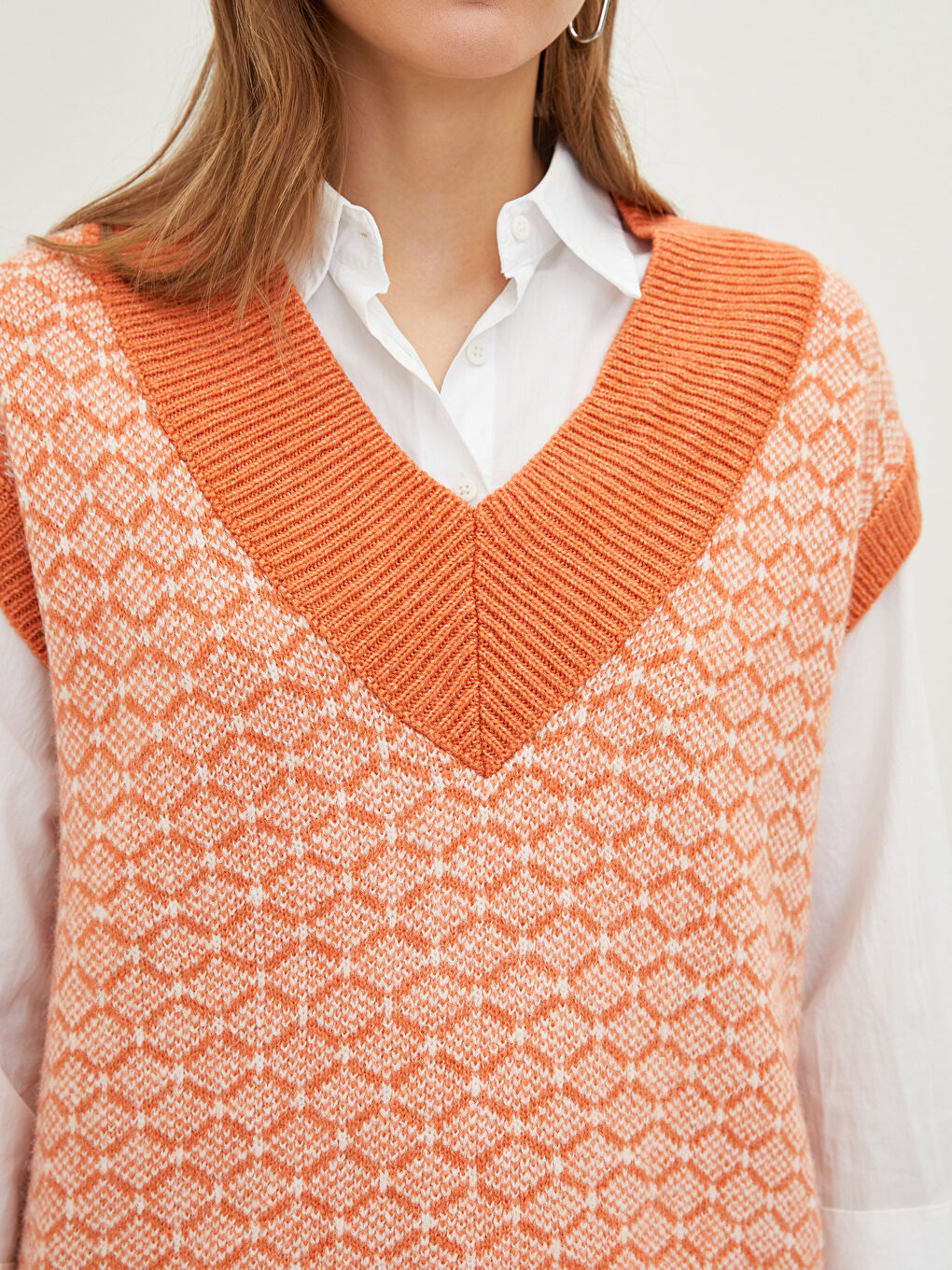 V Neck Patterned Women's Tricot Sweater-4