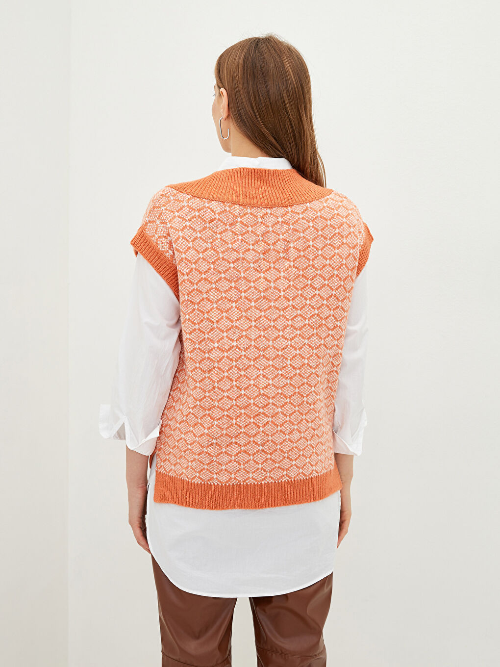 V Neck Patterned Women's Tricot Sweater-5