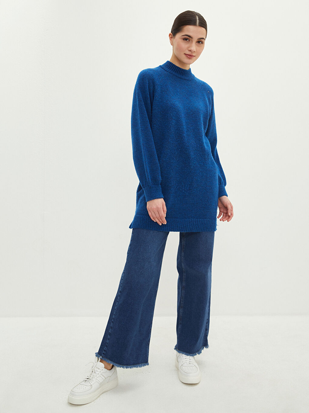 Mavi Yarım Balıkçı Yaka Oversize Kadın Triko Tunik-5