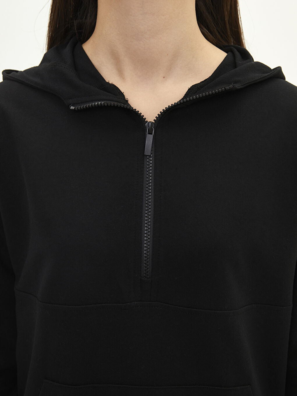 Siyah Kapüşonlu Düz Uzun Kollu Oversize Kadın Sweatshirt-3